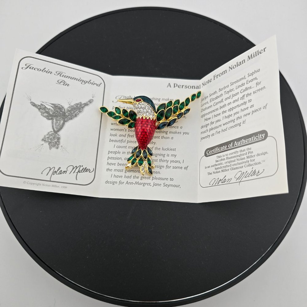 Enameled Hummingbird Figural Brooch With Crystal Wings By Nolan Miller